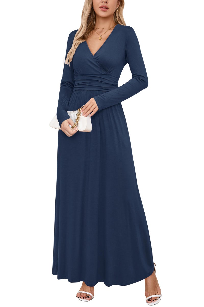 OUGES Womens Long Sleeve V-Neck Wrap Waist Maxi Dress(Navy,L) - Image 1